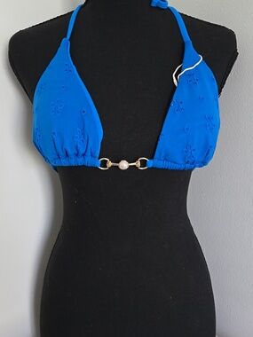 Royal Blue Triangle Bikini Top with Gold Pearl Accent
